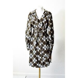 Vintage 70s Mustard Yellow Plaid Wrap Dress V-Neck Long Sleeve Retro Geometric M